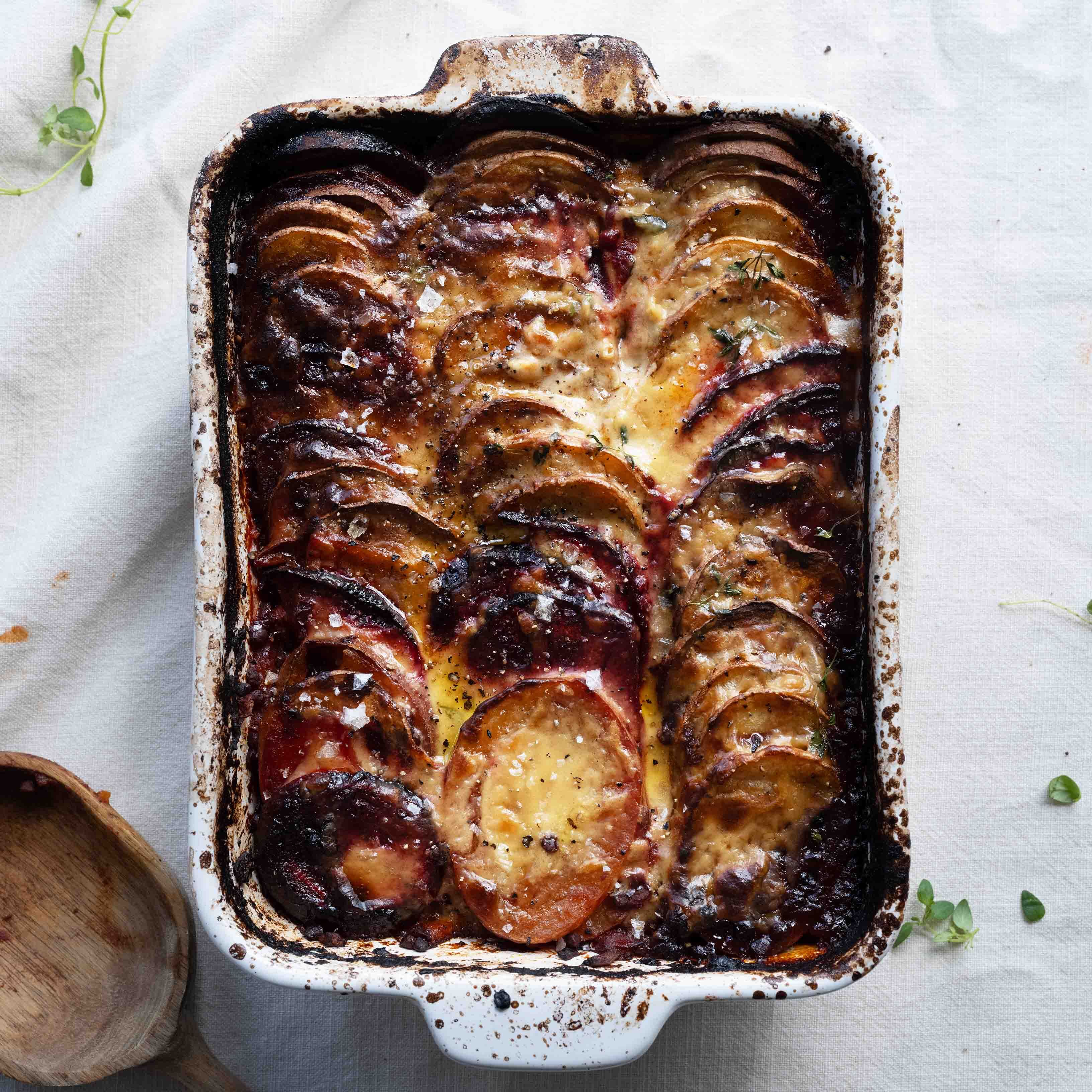 Thumbnail for Rich Ragu & Roasted Roots Gratin, Topped With Crispy Potato, Beetroot, Sweet Potato & Creamy Miso Bechamel