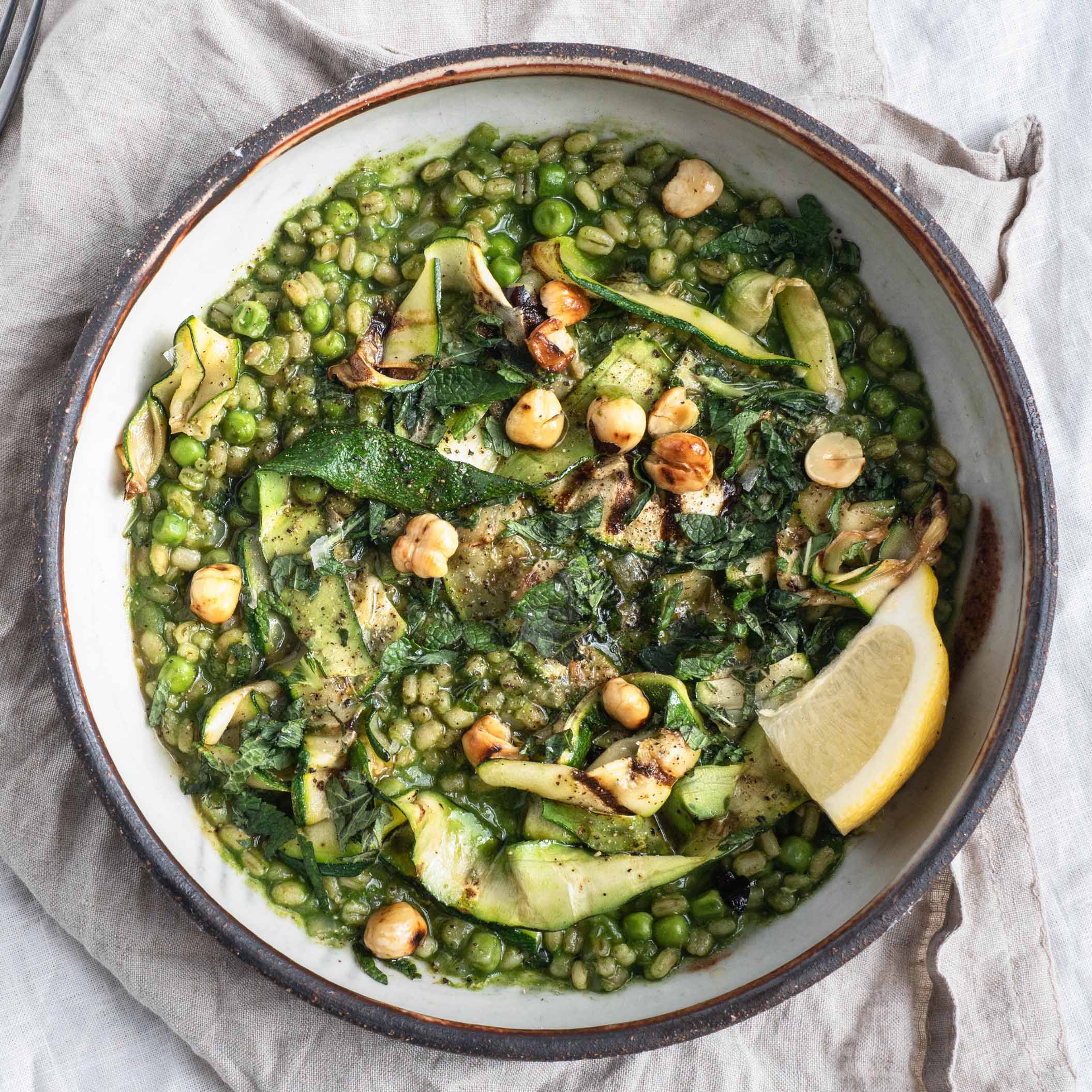 Dish photo for Super Green Vegetable Garden Risotto With Garden Peas, Courgettes, Mint & Toasted Hazelnuts