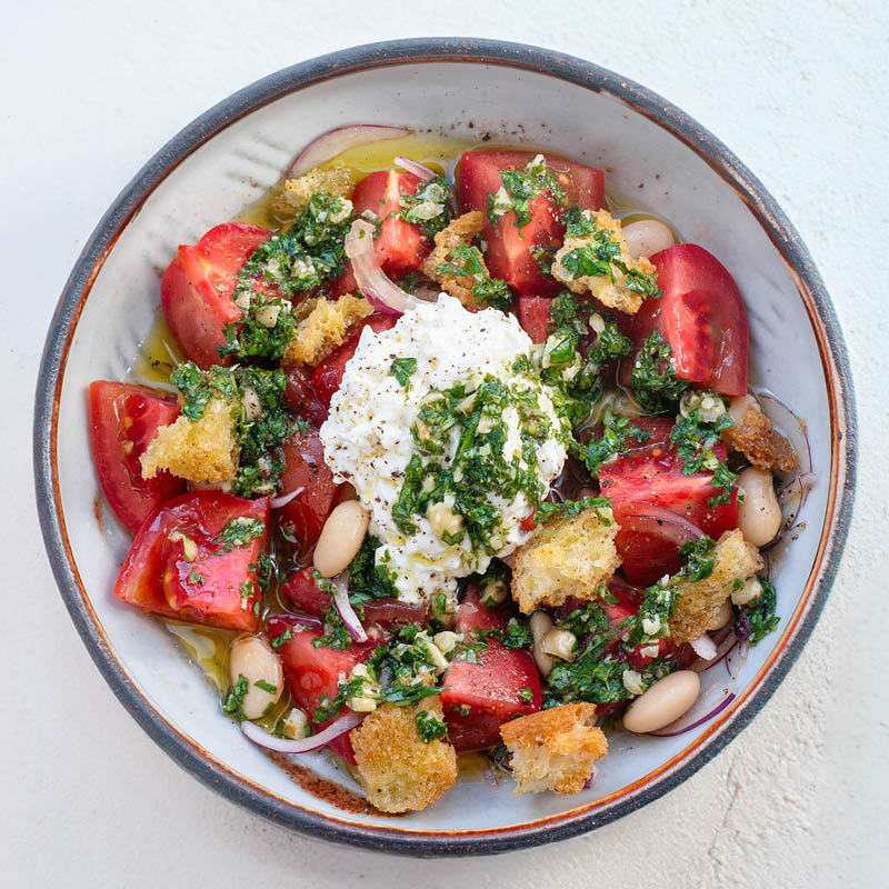 Thumbnail for Caprese Salad With 'Burrata', Hazelnut Pesto, Rustic Croutons & Tender Butterbeans