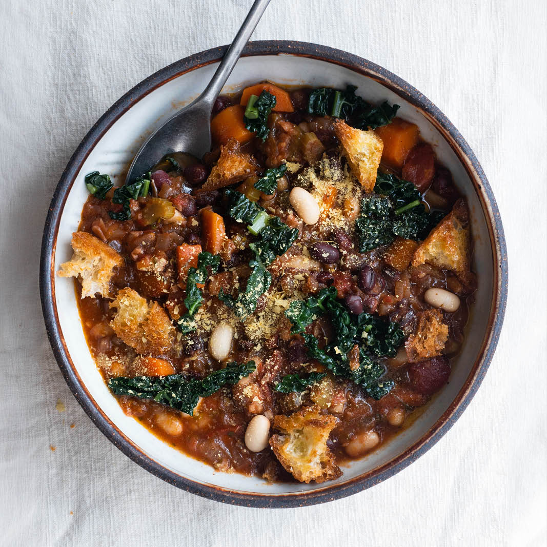 Dish photo for Rich & Nourishing Tuscan Ribollita With Ciabatta Croutons, Cavolo Nero & Almond Parmesan