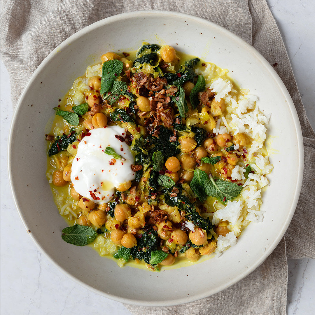 Dish photo for Healing Turmeric, Lemon & Ginger Chickpea Stew With Cavolo Nero, Coconut Yoghurt & Chilli Garlic Crunch