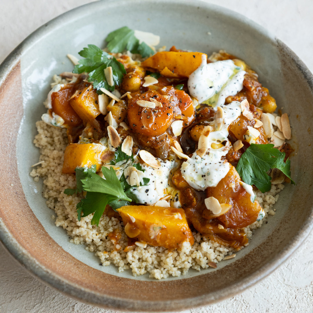 Thumbnail for Butternut Squash, Apricot & Chickpea Tagine With Toasted Almonds, Lemon Yoghurt, Fresh Parsley & Wholewheat Cous Cous