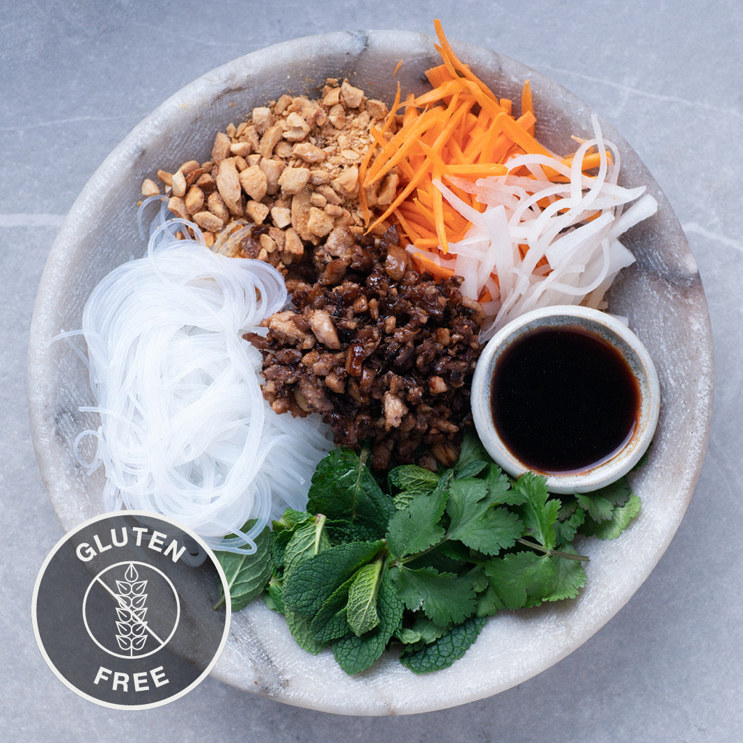 Dish photo for Vietnamese Bún Chay Noodle Salad With Walnut Miso & Mushrooms, Pickled Mooli & Carrot & Fresh Herbs