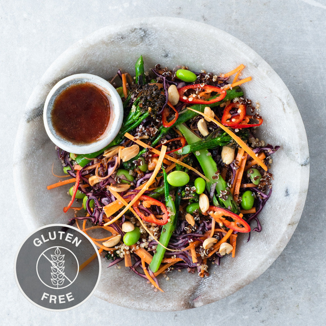 Dish photo for Raw Thai Citrus Crunch Salad With Purple Sprouting Broccoli, Toasted Peanuts & Ginger Sesame Dressing