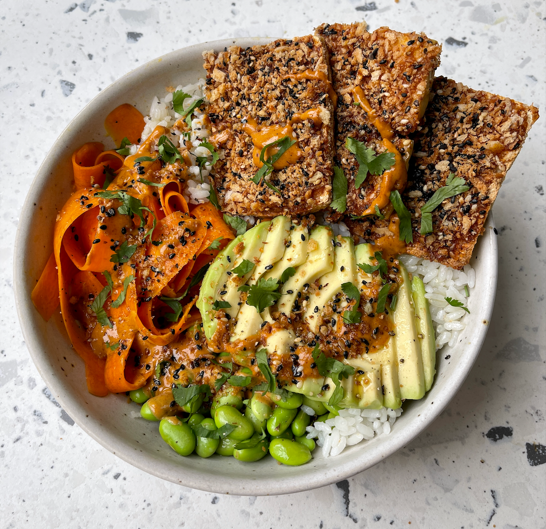 Dish photo for Sushi Bowl With Coconut Sesame Crusted Tofu, Edamame, Avocado & Gochujang Peanut Sauce
