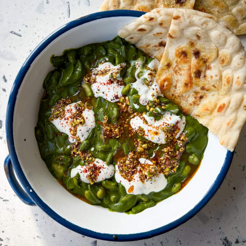 Dish photo for Creamy Green Goddess Beans & Courgettes With Organic Cultured Yoghurt, Pistachio Za'atar & Flatbread