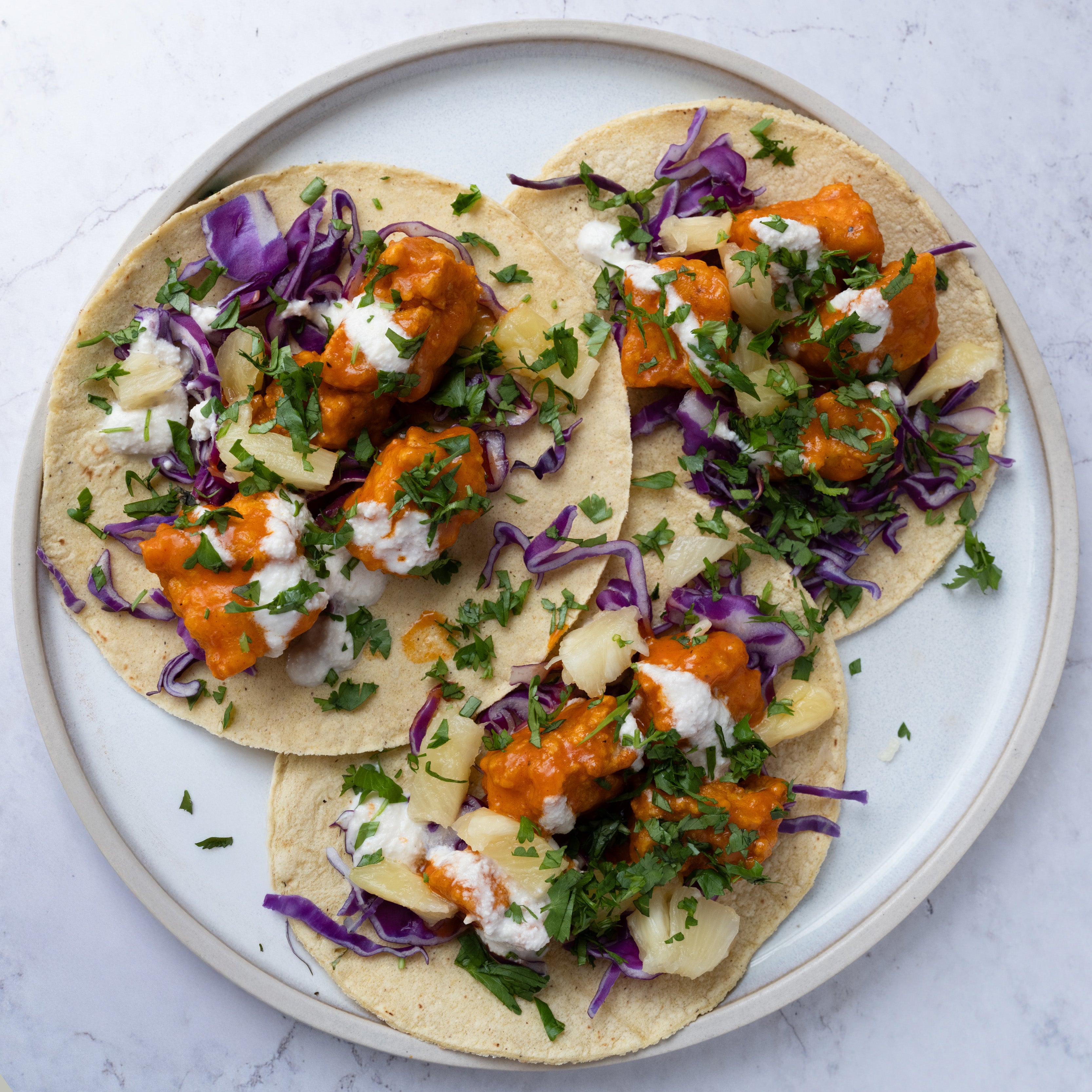 Thumbnail for Crispy Buffalo Tofu Tacos With Cooling Ranch Dressing, Shredded Cabbage & Juicy Pineapple