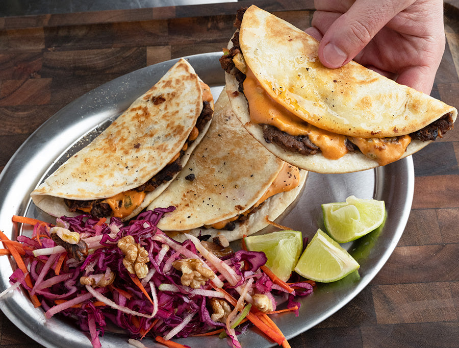 Thumbnail for Black Bean Smash Burger Tacos With Homemade Burger Sauce & Cabbage Carrot Apple Walnut Slaw