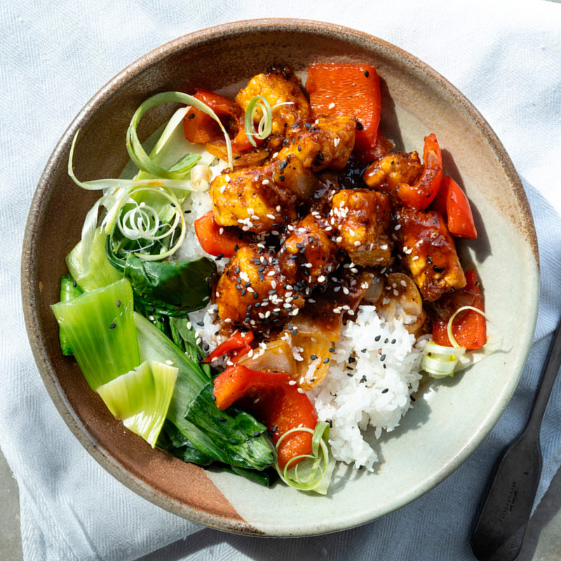 Thumbnail for Crispy Black Pepper Tofu With Stir Fried Vegetables, Sticky Coconut Rice, Pak Choi & Sesame Seeds