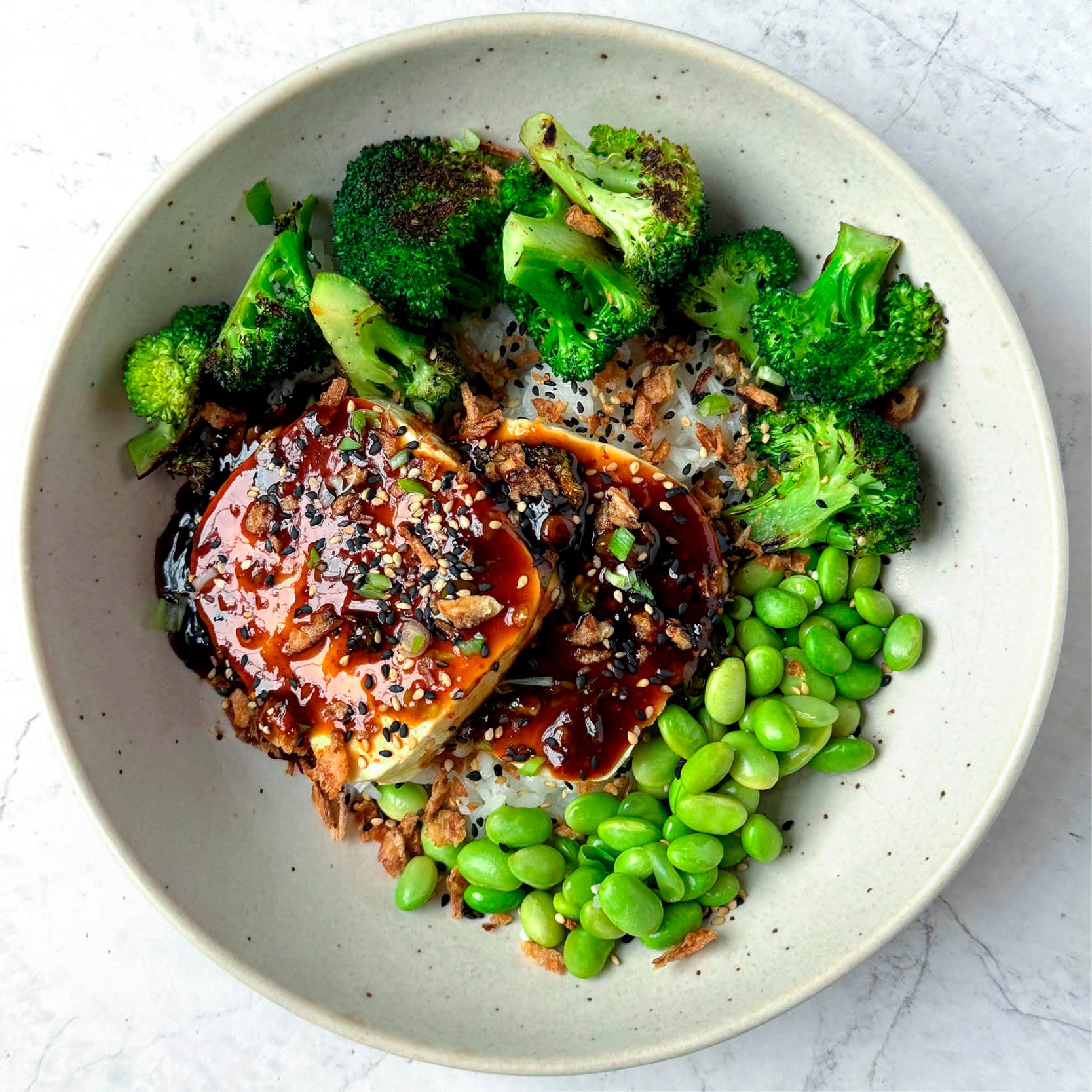 Thumbnail for Chilli Garlic Glazed Tofu With Sticky Rice, Charred Broccoli, Edamame & Crispy Chilli Shallots
