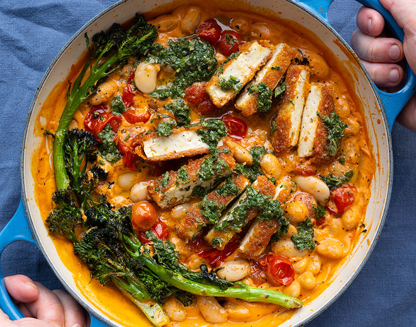 Dish photo for Crispy Tofu 'Parm' Over Creamy Tomato Beans With Garlic Basil Gremolata, Roasted Tenderstem Broccoli & Cherry Tomatoes