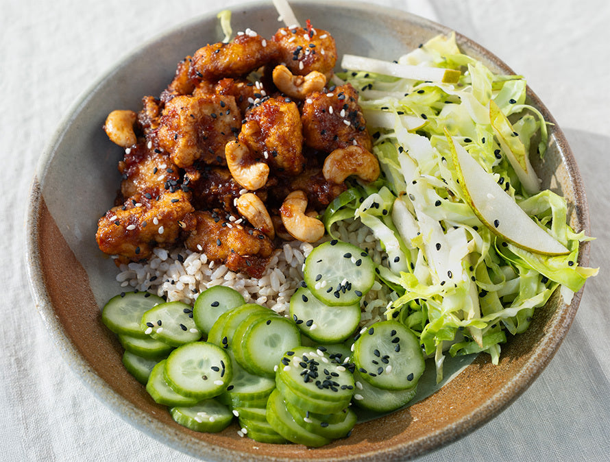 Thumbnail for Crispy Chilli Tofu With Toasted Cashews, Short Grain Brown Rice, Sesame Hispi & Pear Slaw & Cucumber Pickle