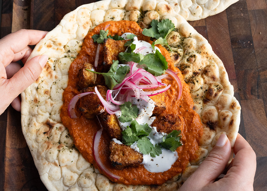 Thumbnail for Chargrilled Tofu Tikka Massala Naan Wrap With Coconut Yoghurt, Pickled Onion & Coriander