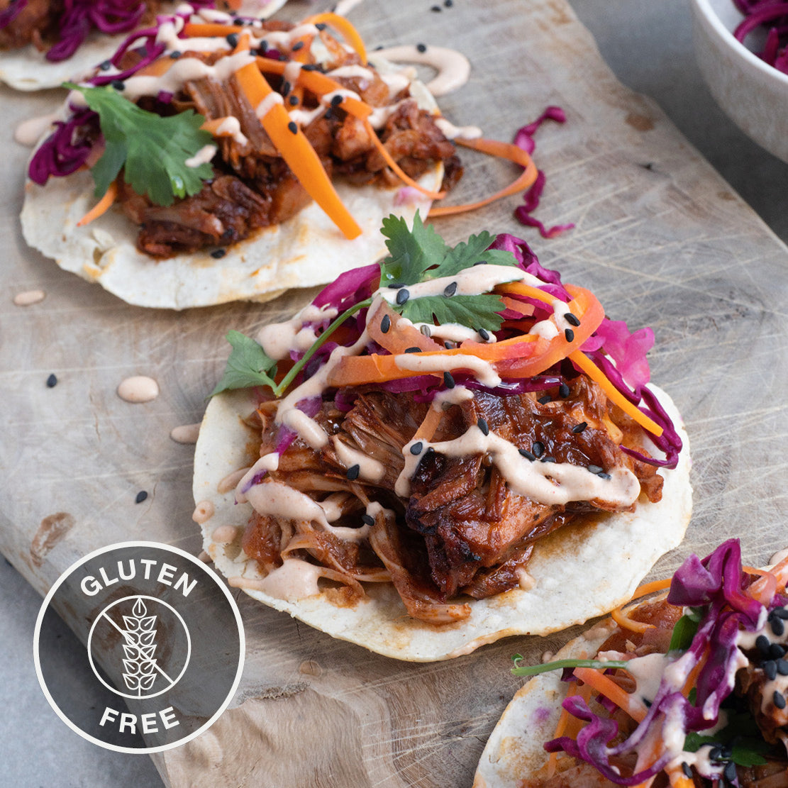 Dish photo for Jackfruit Carnitas Tacos With Smokey Chipotle Cashew Crema, Pickles & Coriander On Soft Corn Tortillas