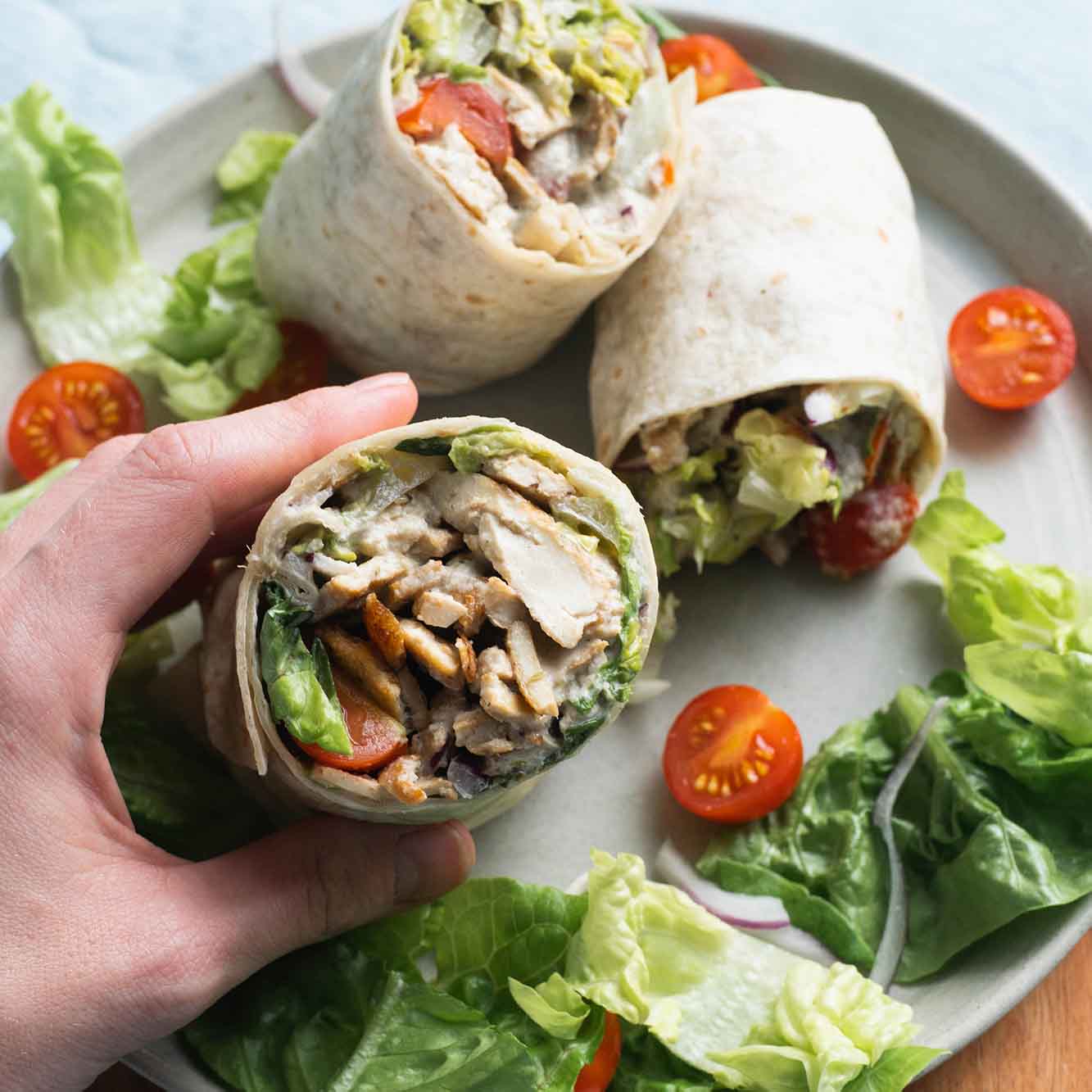 Dish photo for Rotisserie Tofu Wrap With Creamy Caesar Dressing, Chopped Salad & Baby Gem In Soft Tortilla