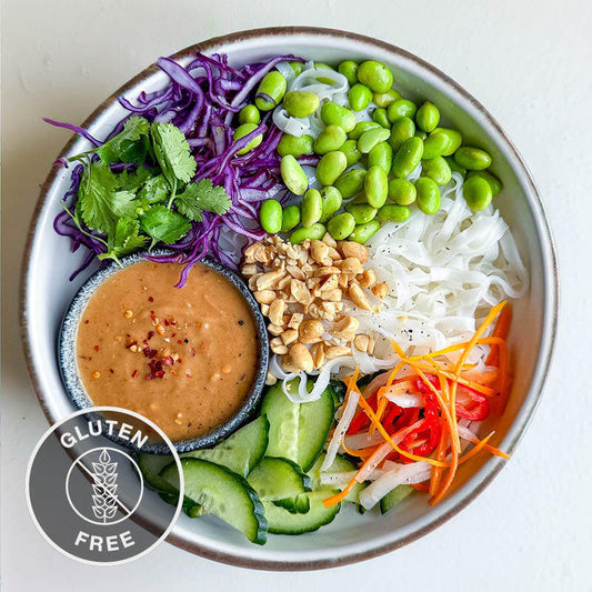 Vietnamese Rice Noodle Salad With Peanut Lemongrass Sauce, Pickled Carrot & Daikon, Edamame & Toasted Peanuts