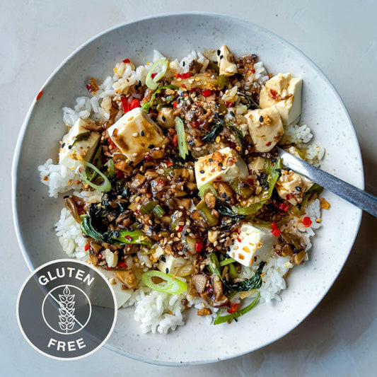 Silken Tofu With Sweet & Spicy Mushroom Sauce Over Sushi Rice & Gochugaru Garlic Crunch