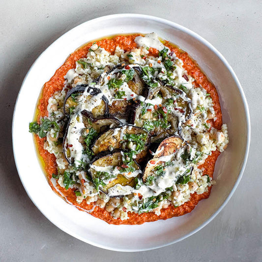 Charred Aubergine With Romesco, Bulgar Wheat Pilaf, Tahini Sauce & Herby Caper Gremolata