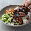 Oyster Mushroom Bulgogi Bowl With Sticky Sushi Rice, Kimchi, Cucumber Salad & Toasted Sesame Seeds