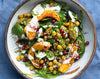 Super Green Grain Bowl With Roasted Squash, Crispy Chickpeas,  Creamy Garlic Tahini & Pomegranate Seeds