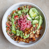 High Protein Lebanese Tofu Nourish Bowl With Quinoa Tabbouleh, Green Tahini Sauce & Pink Pickled Onion