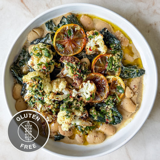 Creamy Butter Beans With Burnt Lemon & Mustard Sauce, Wilted Greens, Charred Cauliflower & Green Olive Salsa