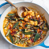 Butternut Squash Brothy Beans With Charred Courgette, Crispy Sage, Hot Agave 'Nduja' Dressing, Toasted Pine Nuts & Pumpkin Seeds