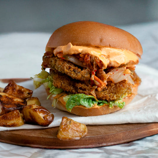 Crispy Korean Oyster Mushroom Burger With Kimchi & Gochujang Mayo On Soft Vegan Brioche