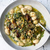 Creamy Butter Beans With Caramelised Leeks, Charred Courgettes, Drizzled With Olive & Almond Pesto