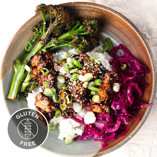 Sticky Teriyaki Tofu Bowl With Purple Sprouting Broccoli & Pickled Cabbage Over Sushi Rice