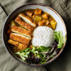 Crispy Tofu Katsu Curry With Sticky Rice & Seasonal Mixed Leaves In Sweet Miso Dressing