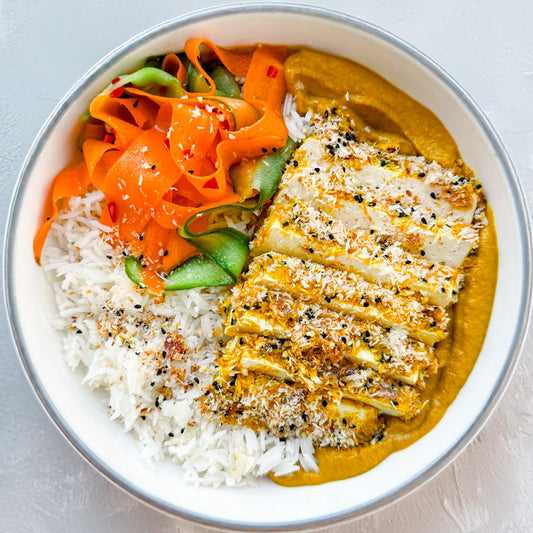 Katsu Curry With Sesame Crusted Tofu Over Sticky Jasmine Rice With Carrot & Courgette Pickle