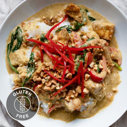 Creamy Panang Curry With Tofu, Red Pepper, Baby Spinach, Sticky Jasmine Rice, Crushed Peanuts & Lime