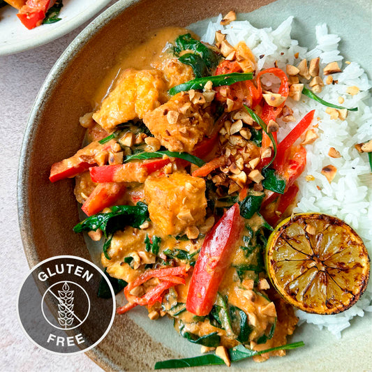 Creamy Panang Curry With Tofu, Red Pepper, Baby Spinach, Sticky Jasmine Rice, Crushed Peanuts & Lime