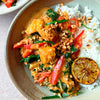 Creamy Panang Curry With Tofu, Red Pepper, Baby Spinach, Sticky Jasmine Rice, Crushed Peanuts & Lime