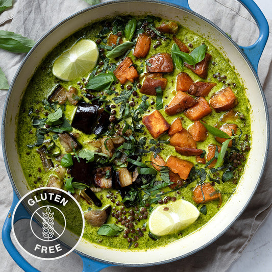 Aromatic Thai Green Curry Soup With Beluga Lentils, Tender Aubergine, Sweet Potato, Basil & Lime