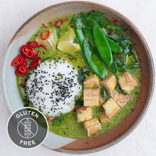 Thai Green Curry With Mangetout, Crispy Tofu, Jasmine Rice, Chilli & Lime