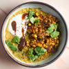 Sri Lankan Daal With Crispy Courgette & Corn Fritters, Date Tamarind Chutney & Organic Soy Yoghurt