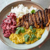 Sri Lankan Daal With Curry Spiced Oyster Mushroom Skewers & Beetroot Raita Over Fluffy Basmati Rice