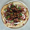 Middle Eastern Aubergine Flatbreads With 'Labneh', Pomegranate, Crispy Chickpeas, Garlic Tahini & Fresh Mint