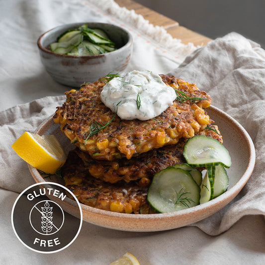 Crispy Courgette & Sweetcorn Fritters With Garlic & Dill Yoghurt and Sweet Cucumber Pickle