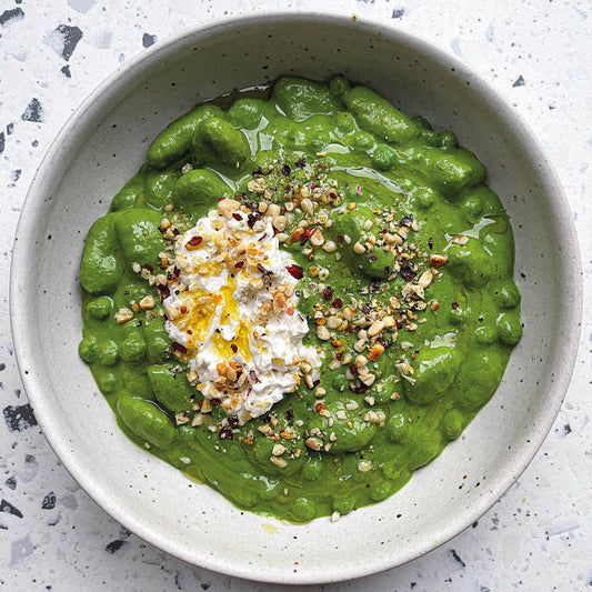 Super Green Gnocchi With Creamy Spinach & Kale Sauce, Garden Peas, Vegan Burrata & Chilli Pine Nut Crumb