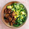 Sweet & Spicy Jerk Tofu Over Fluffy Coconut Rice, With Mango, Avocado & Cucumber Salad