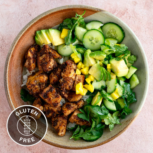 Sweet & Spicy Jerk Tofu Over Fluffy Coconut Rice, With Mango, Avocado & Cucumber Salad