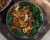 High Protein Tempeh Bolognese With Mafaldine Pasta, Courgettes, Kale, Pine Nut & Walnut 'Parmesan'