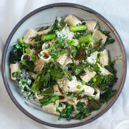 Mac & Greens With Tenderstem Broccoli, Crispy Kale & Mezzi Rigatoni In A Creamy Cashew Sauce