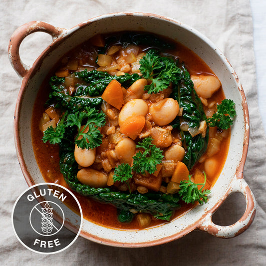 Butterbean Minestrone In A Rich & Fiery Tomato Broth With Zingy Caper Salsa Verde