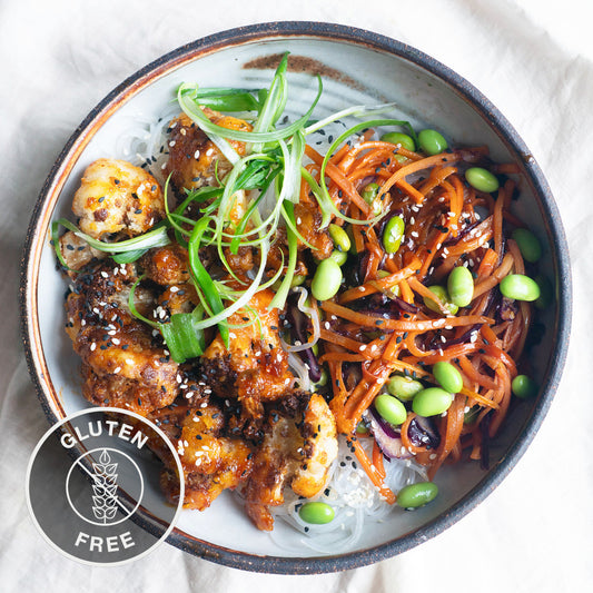 Crispy Gochujang Cauliflower With Edamame, Julienned Vegetables & Vermicelli Noodles