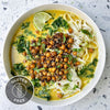 Curried Squash Noodle Soup With Rice Noodles, Crispy Coconut Chickpeas & Fresh Green Kale
