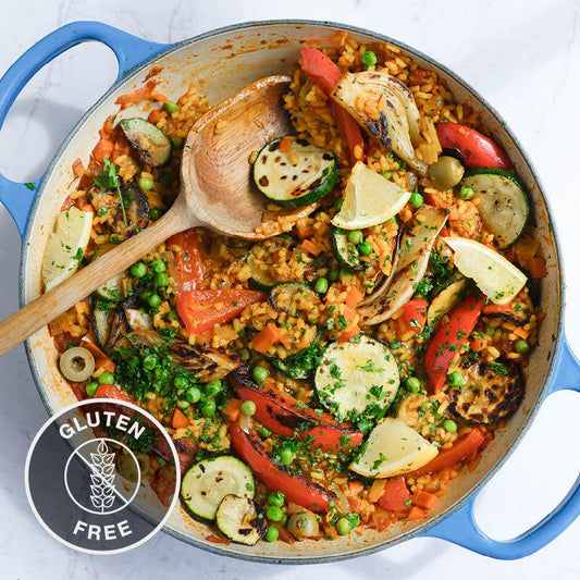 Mixed Vegetable Paella With Courgette, Red Pepper, Fennel, Garden Peas, Fresh Parsley & Lemon